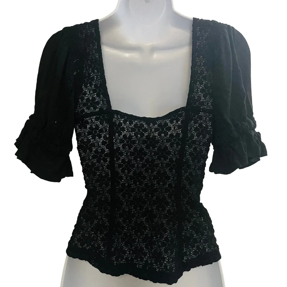 Free People Womens Y2K Whimsigoth Romantic Lace Eyelet Top S Black Boho Witchy